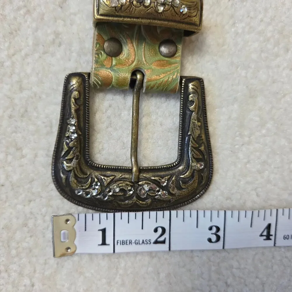 Vintage Leatherock Women's S32 Western Tooled Leather Rhinestone Studded Belt